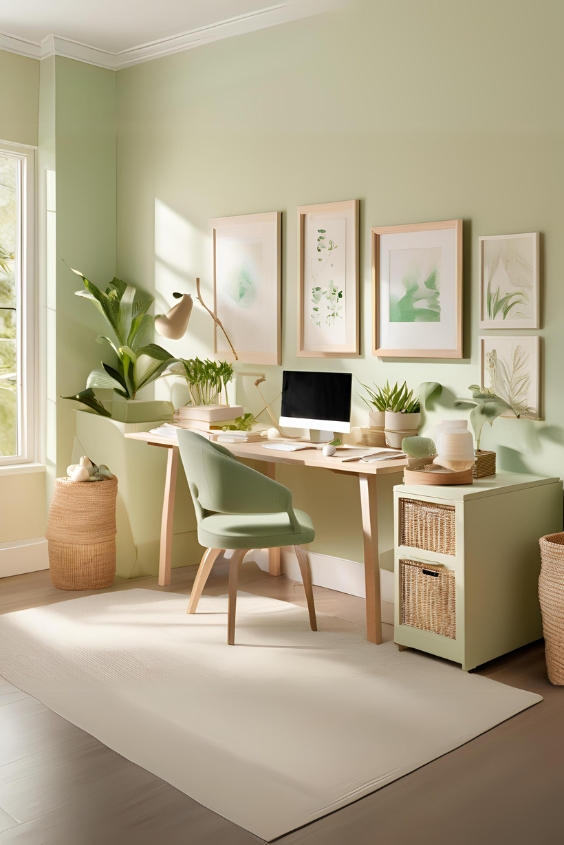 Light Beige Walls with Soft Green Decor in the Home Office