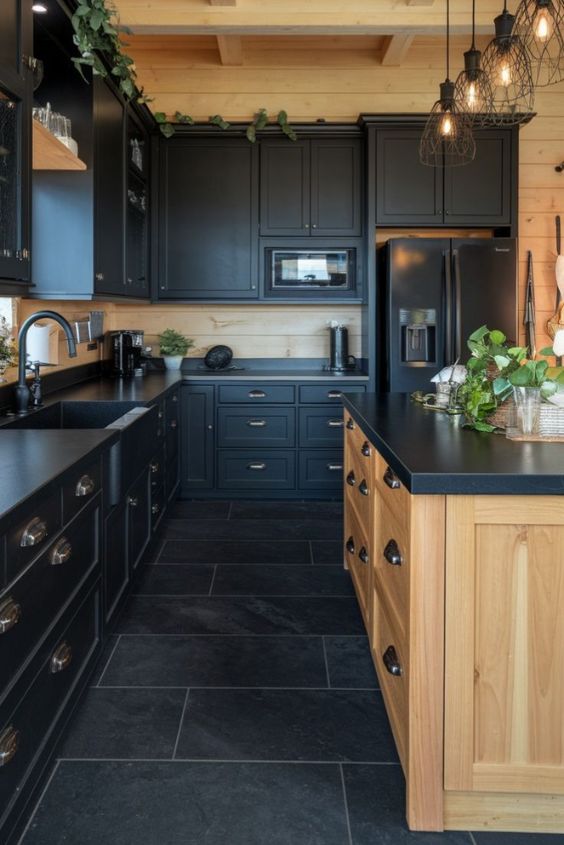 Black Cabinets with Ceiling Beams for a Dramatic Look
