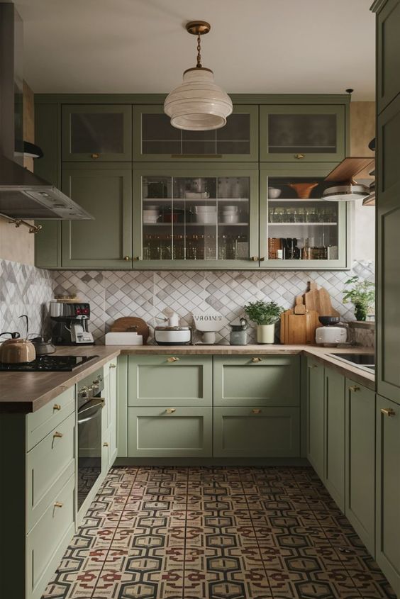 Sage Green Kitchen with Patterned Tiles
