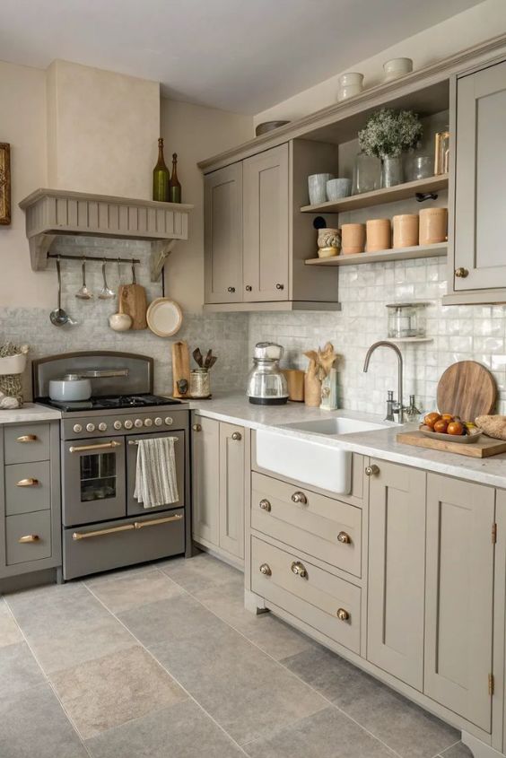 Taupe Cabinets with Warm Beige Walls